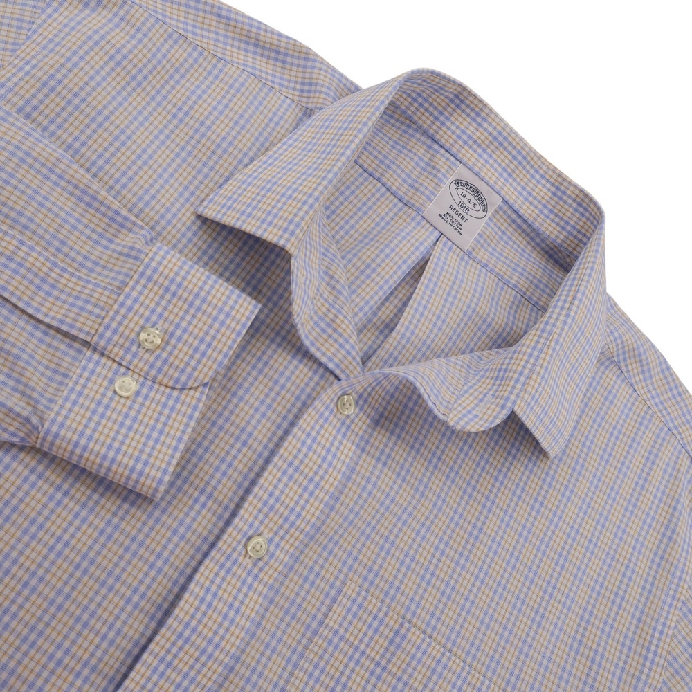 Brooks Brothers 1818 Regent Dress Shirt 18-4/5 Blue Yellow Check Non-Iron Cotton